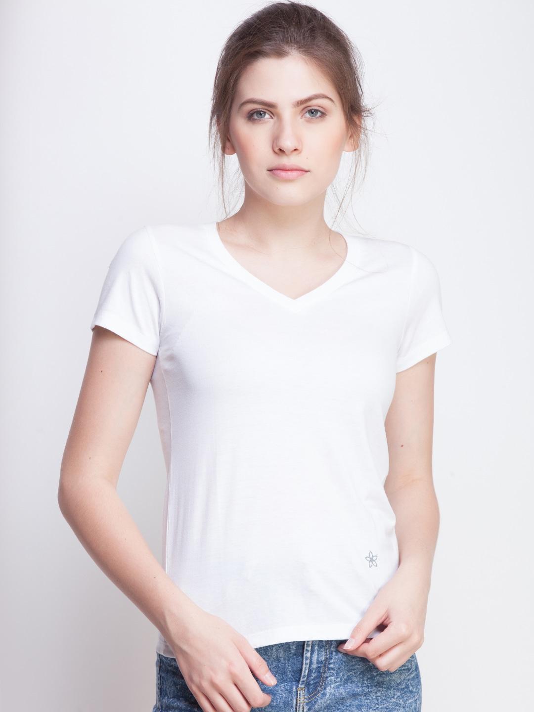 dollar missy women white solid v-neck t-shirt