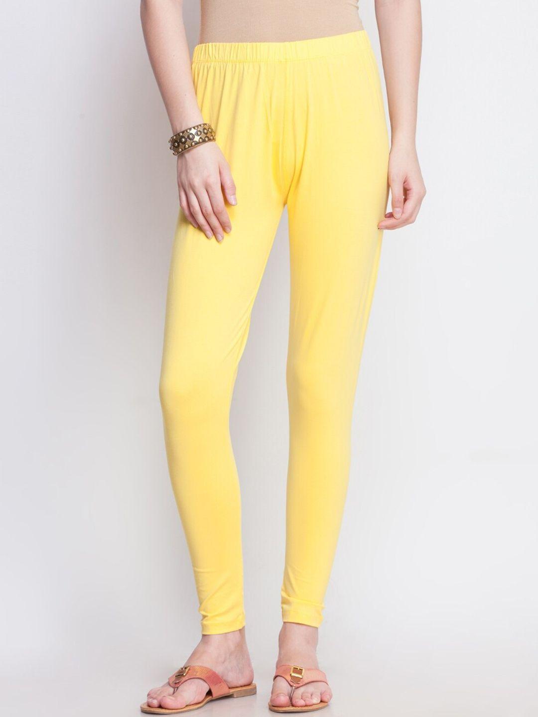 dollar missy women yellow solid cotton ankle-length leggings