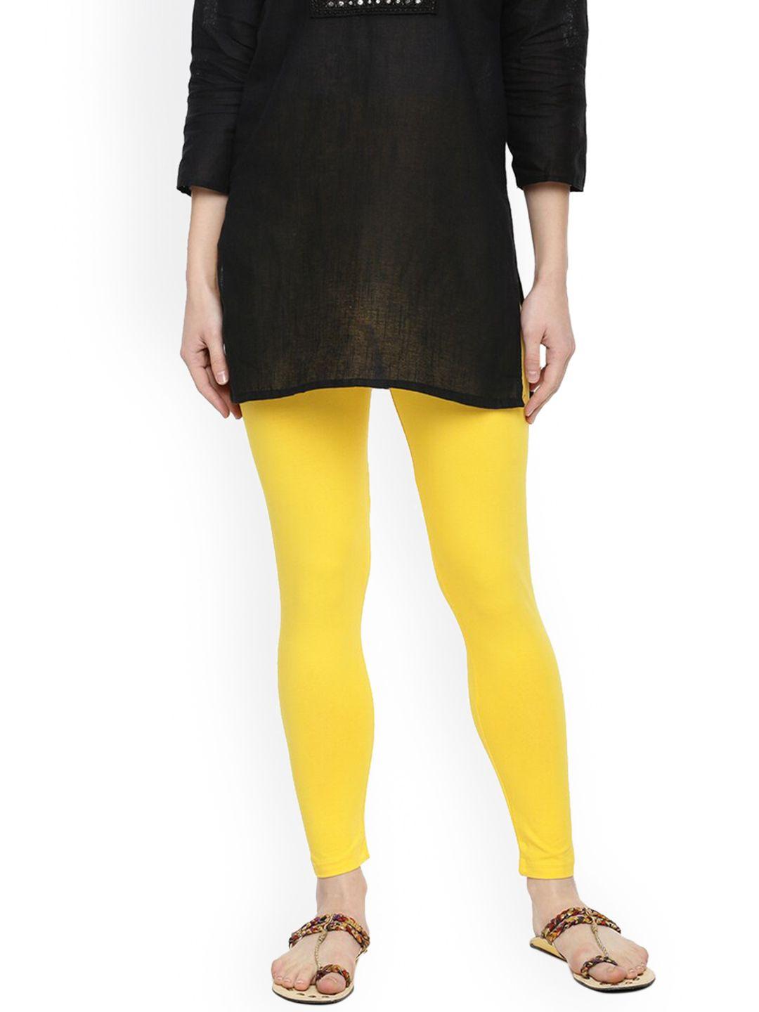 dollar missy women yellow solid cotton slim-fit ankle-length leggings