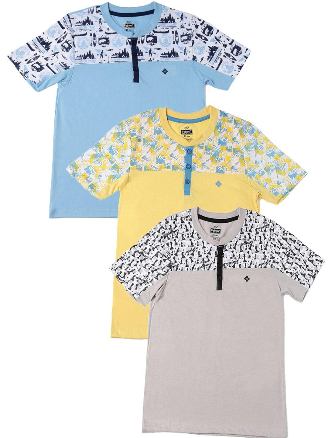 dollar boys grey & yellow 3 printed henley neck cotton t-shirt