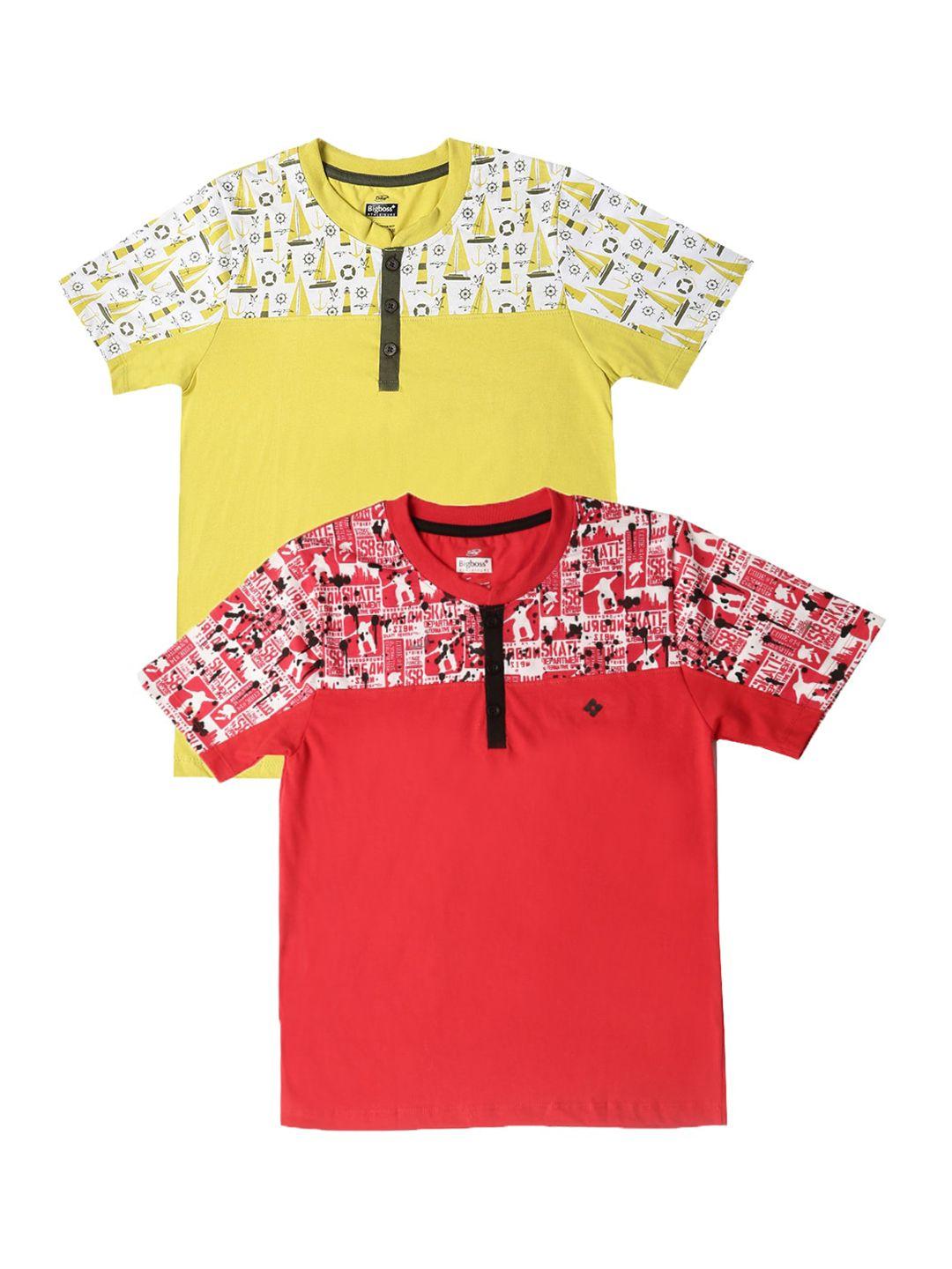 dollar boys yellow & red pack of 2 printed henley neck t-shirt