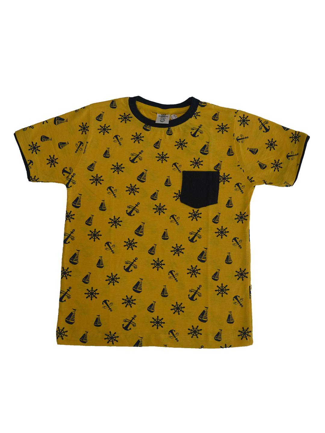 dollar champion kidswear boys mustard yellow & blue printed round neck t-shirt