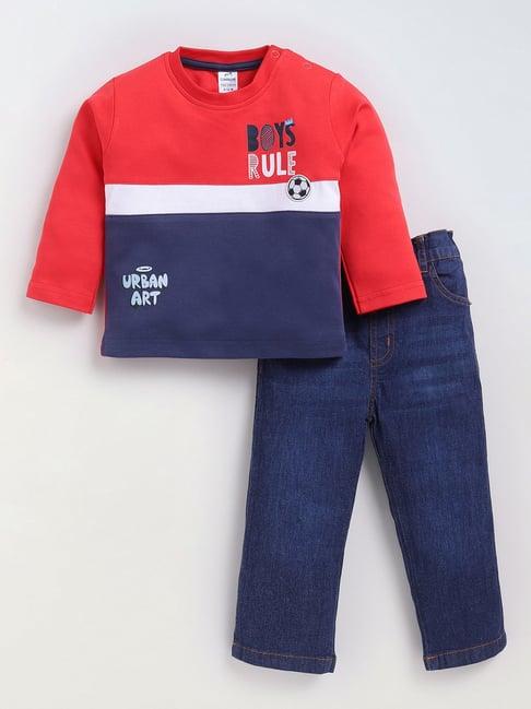 dollar kids red & blue printed full sleeves t-shirt with jeans