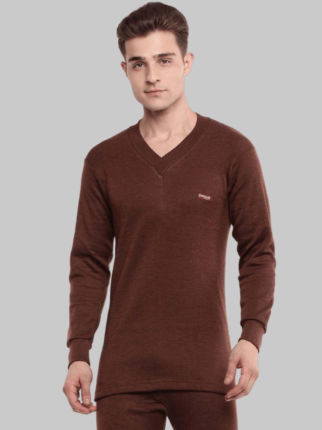 dollar men brown v-neck thermal t-shirt