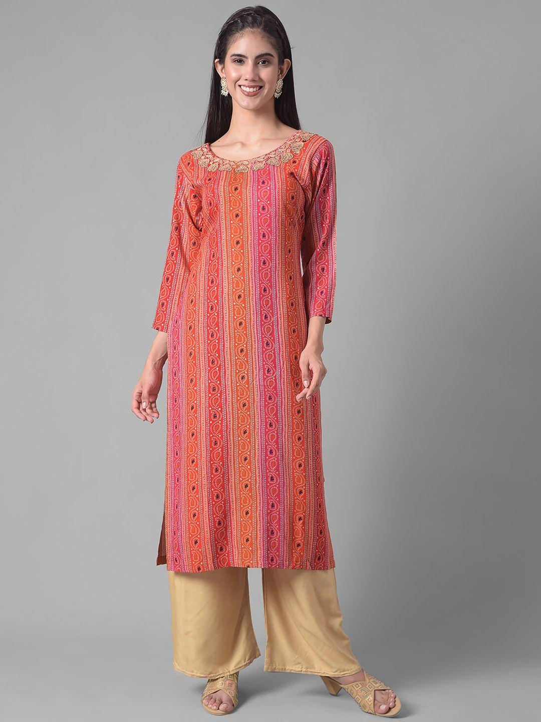 dollar missy  ethnic motifs printed thread work round neck straight kurta