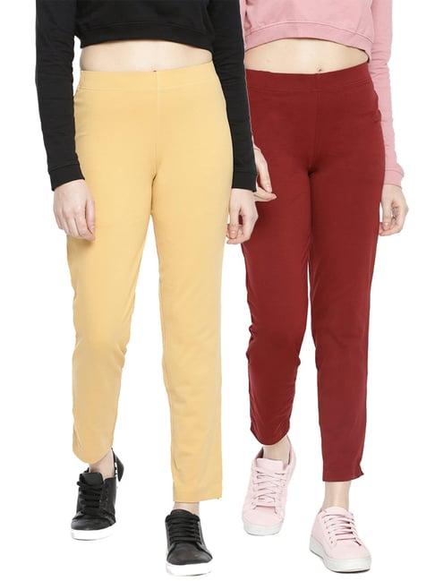 dollar missy beige & maroon elasticated trousers - pack of 2