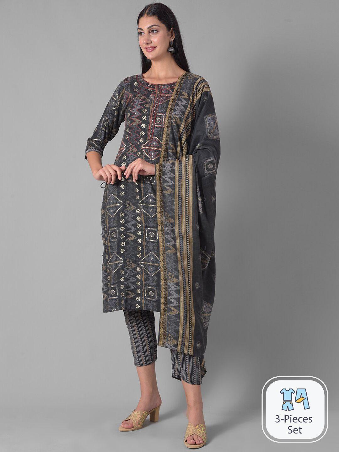 dollar missy ethnic motifs printed sequined straight kurta & trousers with dupatta