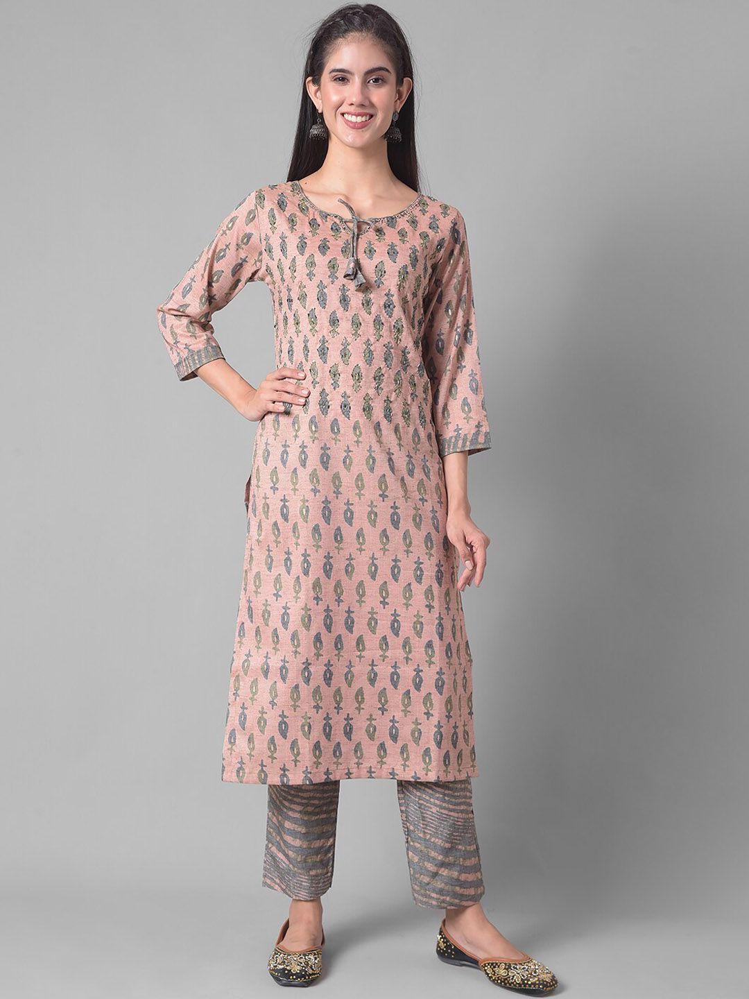 dollar missy ethnic motifs printed tie-up neck regular kurta with trousers