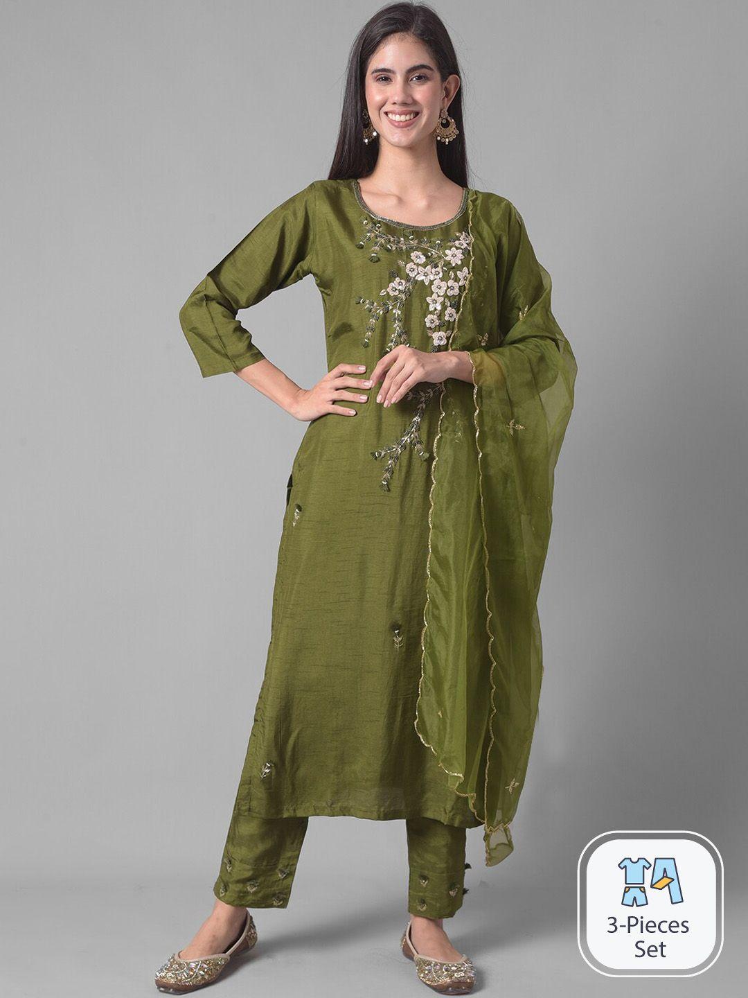 dollar missy floral embroidered thread work kurta & trousers with dupatta