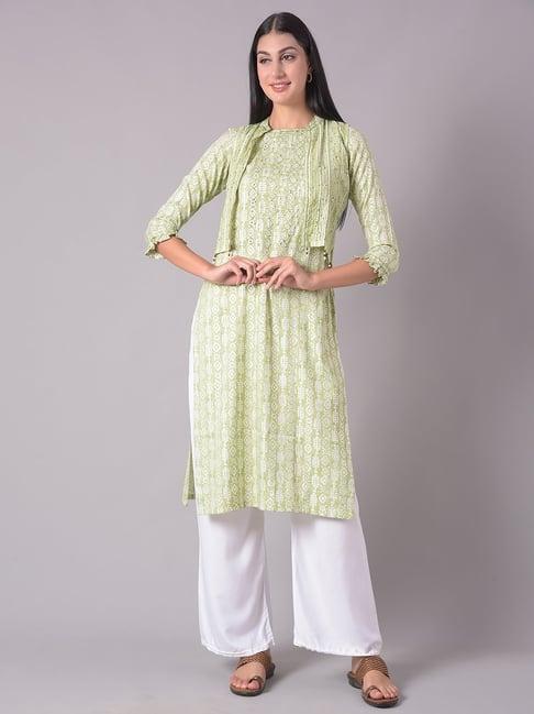 dollar missy green embroidered straight kurta with jacket