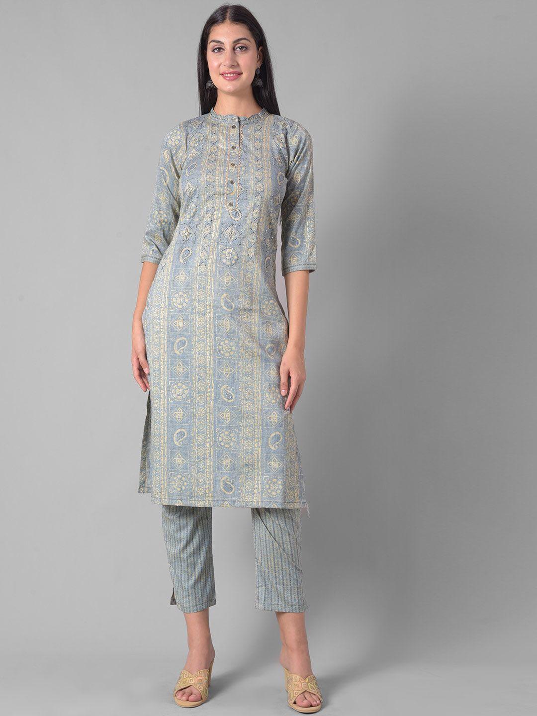 dollar missy paisley printed mandarin collar gotta patti straight kurta with trousers