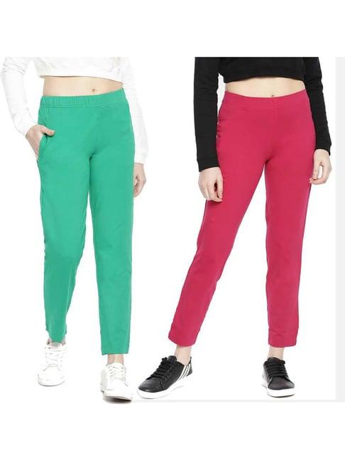 dollar missy rani pink & forest green regular fit cigarette trousers (pack  of 2)