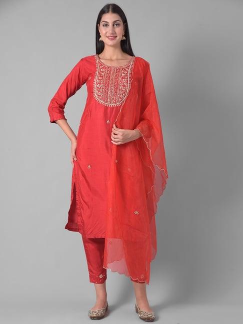 dollar missy red embellished kurta with pants & dupatta