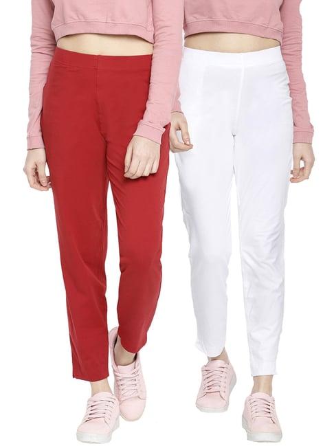 dollar missy white & maroon elasticated trousers - pack of 2