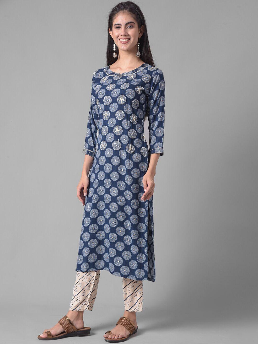 dollar missy women blue ethnic motifs printed regular thread work kurta with trousers