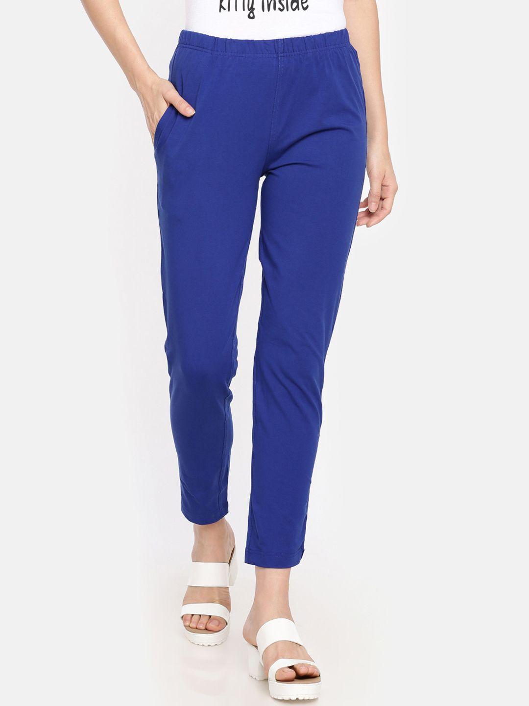dollar missy women blue solid classic straight fit cigarette trousers