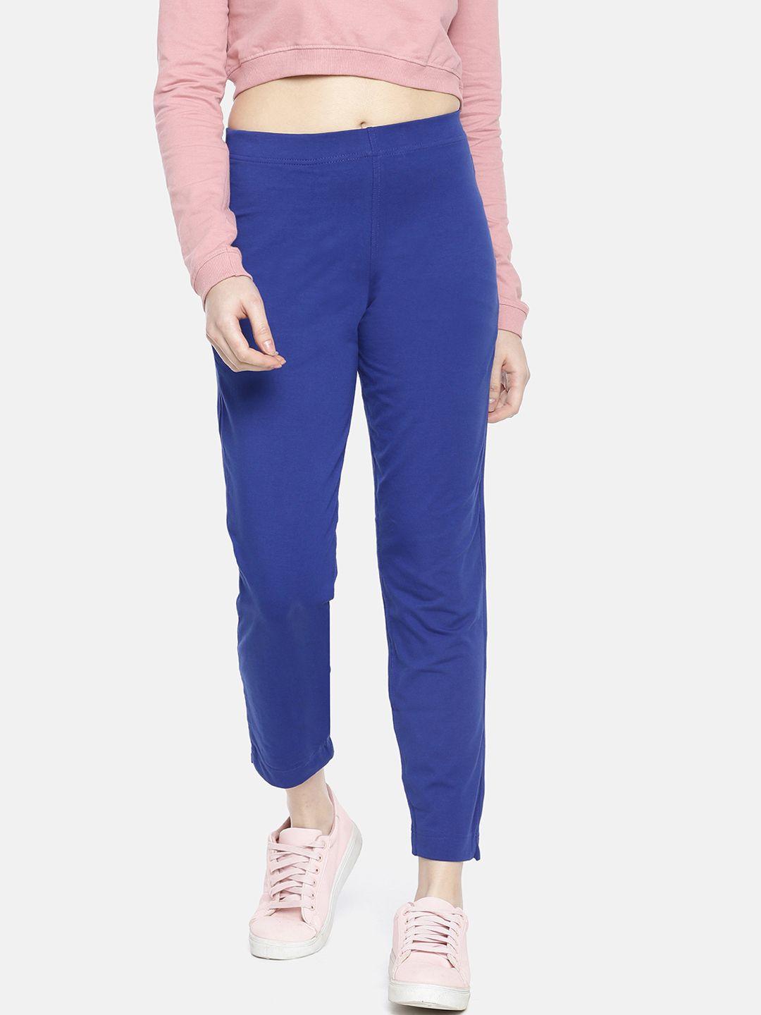dollar missy women blue straight fit solid cigarette trousers