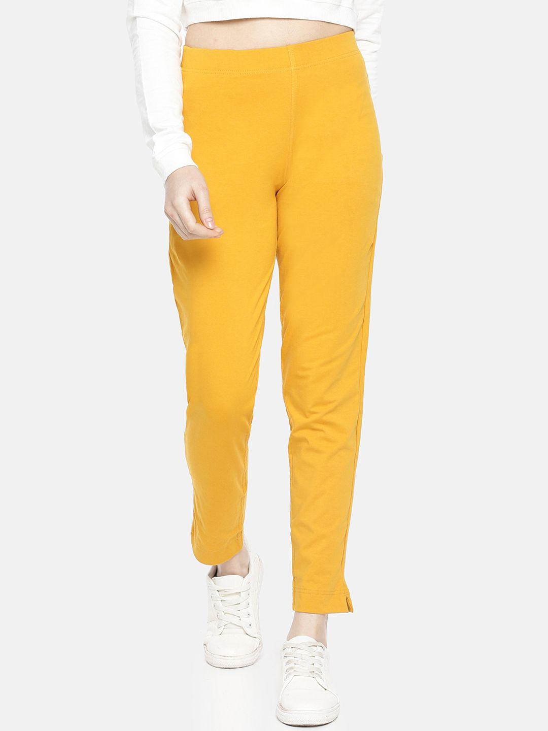 dollar missy women mustard smart straight fit solid cigarette trousers