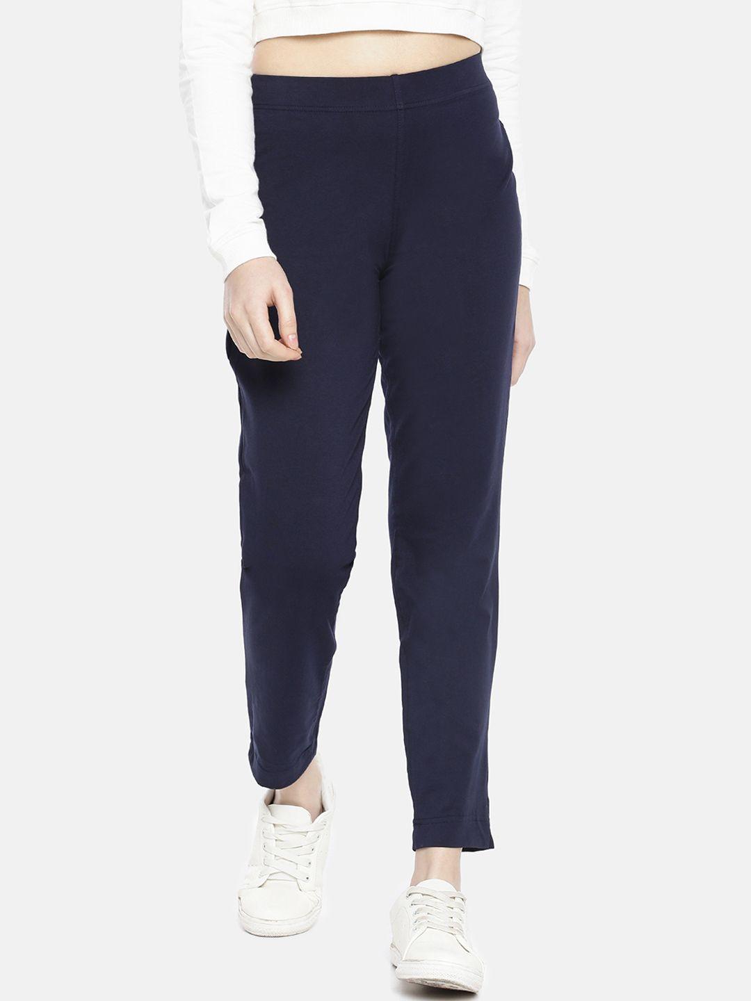 dollar missy women navy blue smart straight fit solid cigarette trousers