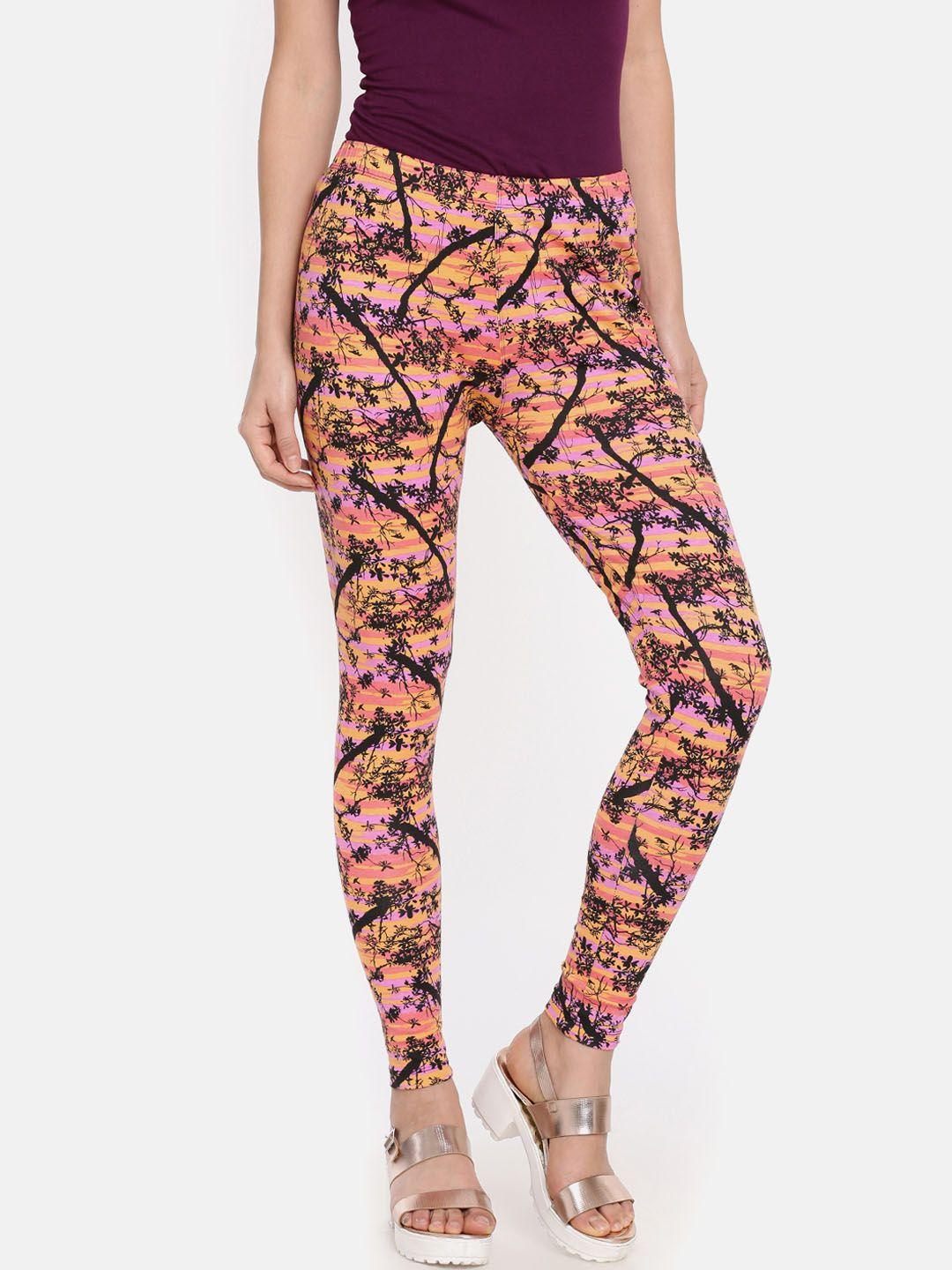 dollar missy women orange & black printed ankle length leggings