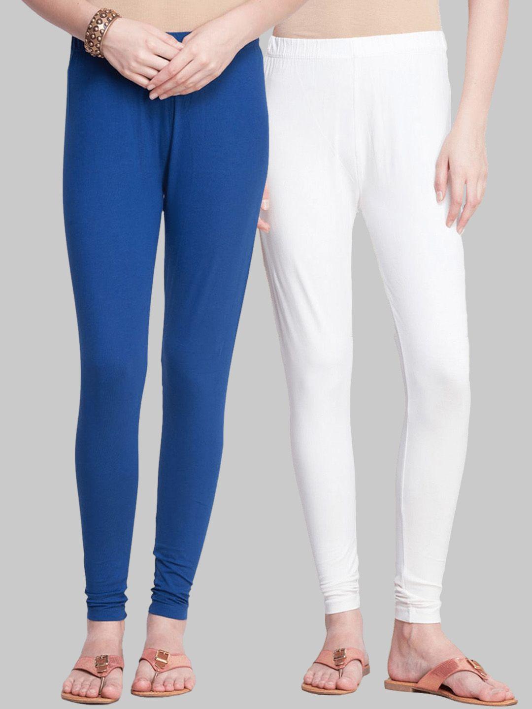 dollar missy women pack of 2 off-white & blue solid slim-fit cotton ankle-length leggings