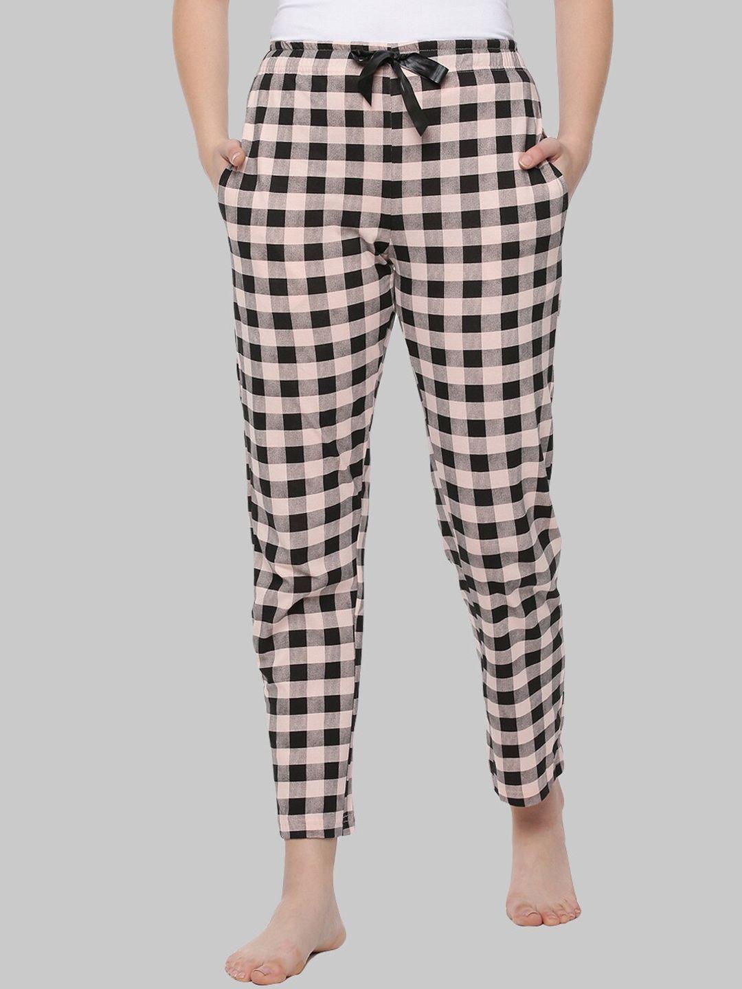 dollar missy women peach & black checked pure cotton lounge pants