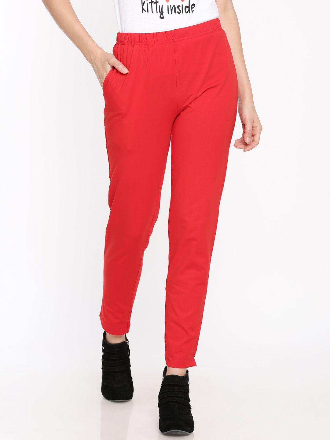 dollar missy women red solid classic straight fit cigarette trousers