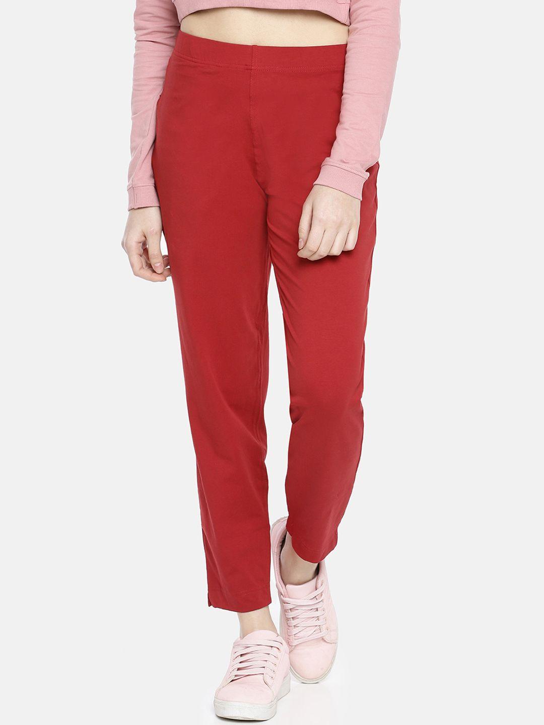 dollar missy women red straight fit solid cigarette trousers