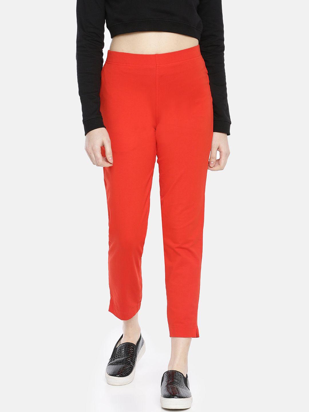 dollar missy women red straight fit solid cigarette trousers