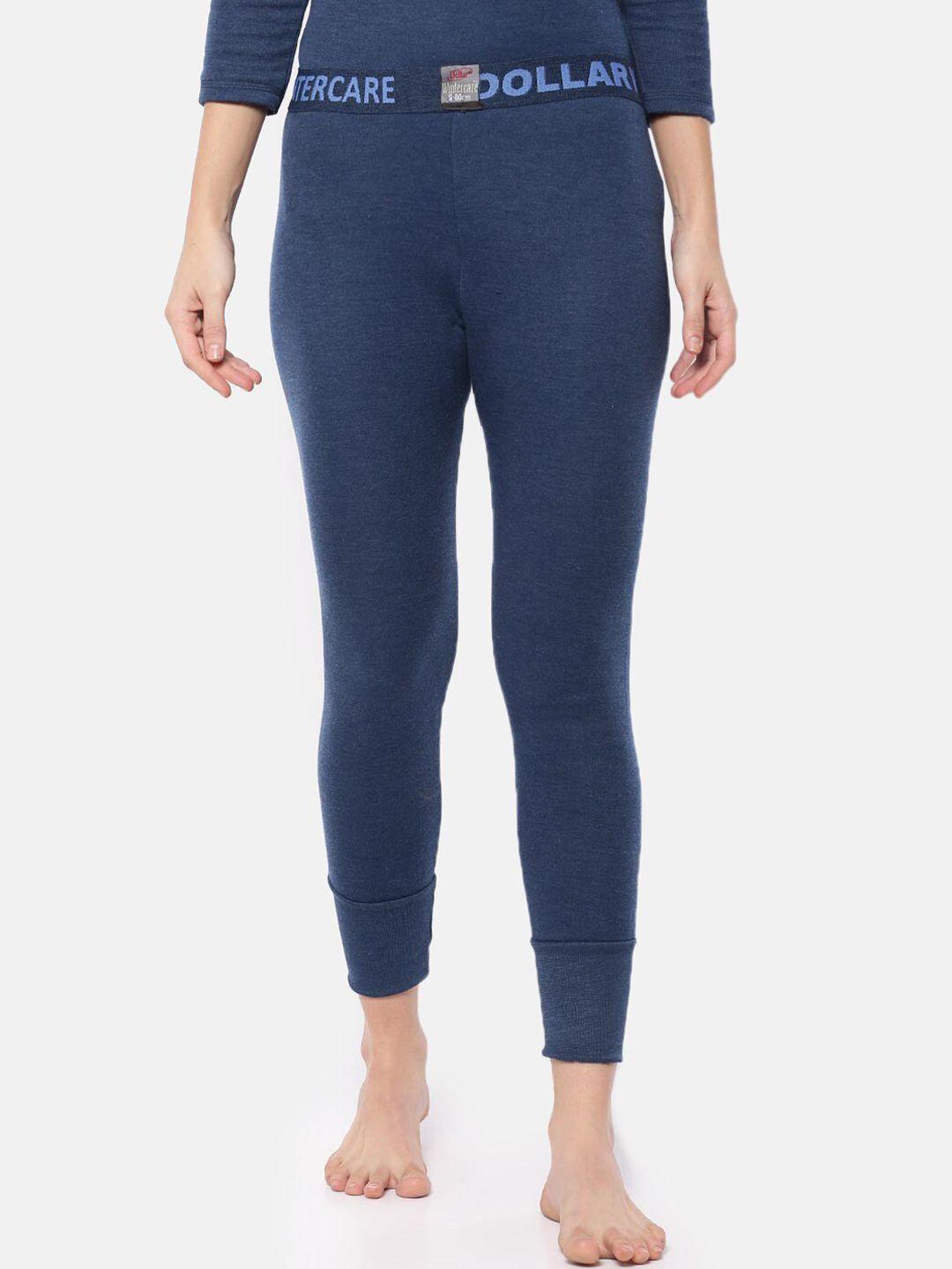 dollar women blue solid slim-fit winter care zero shrinkage thermal bottoms
