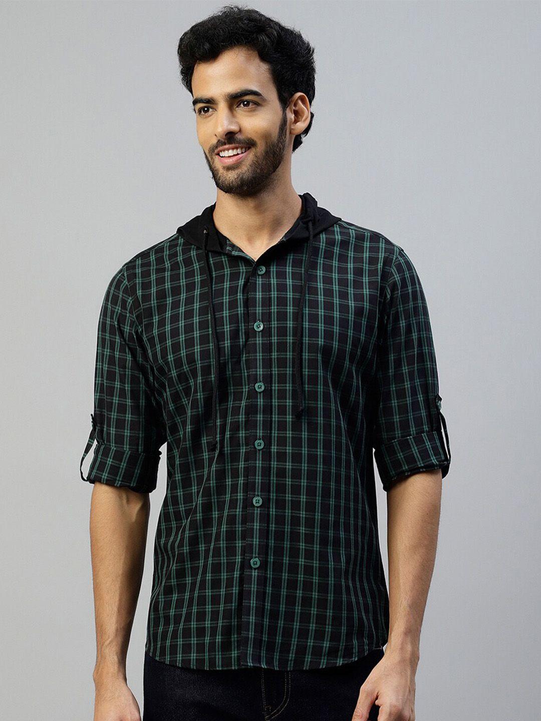 don vino comfort tartan checked hooded roll-up sleeves cotton casual shirt