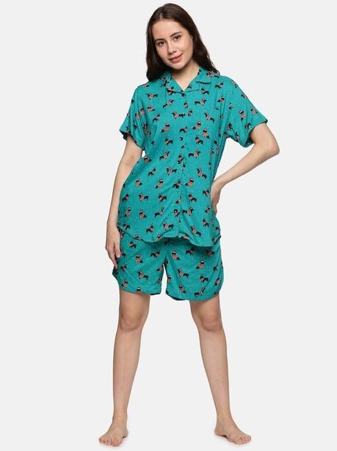 don vino green cotton printed shirt with shorts