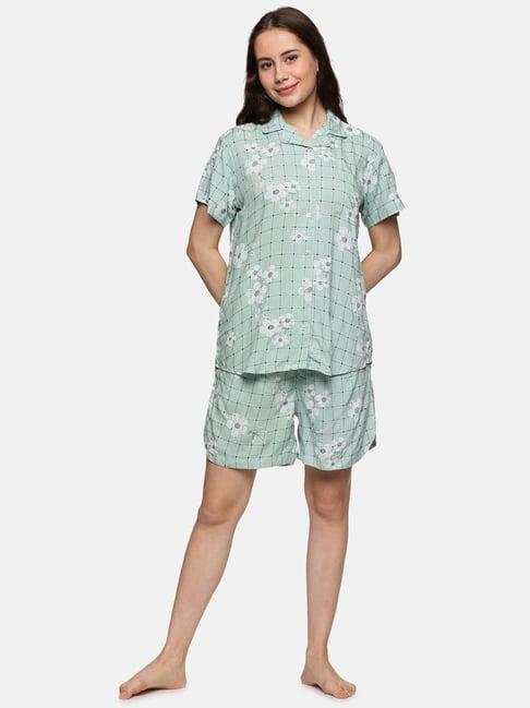 don vino mint & white cotton floral print shirt with shorts