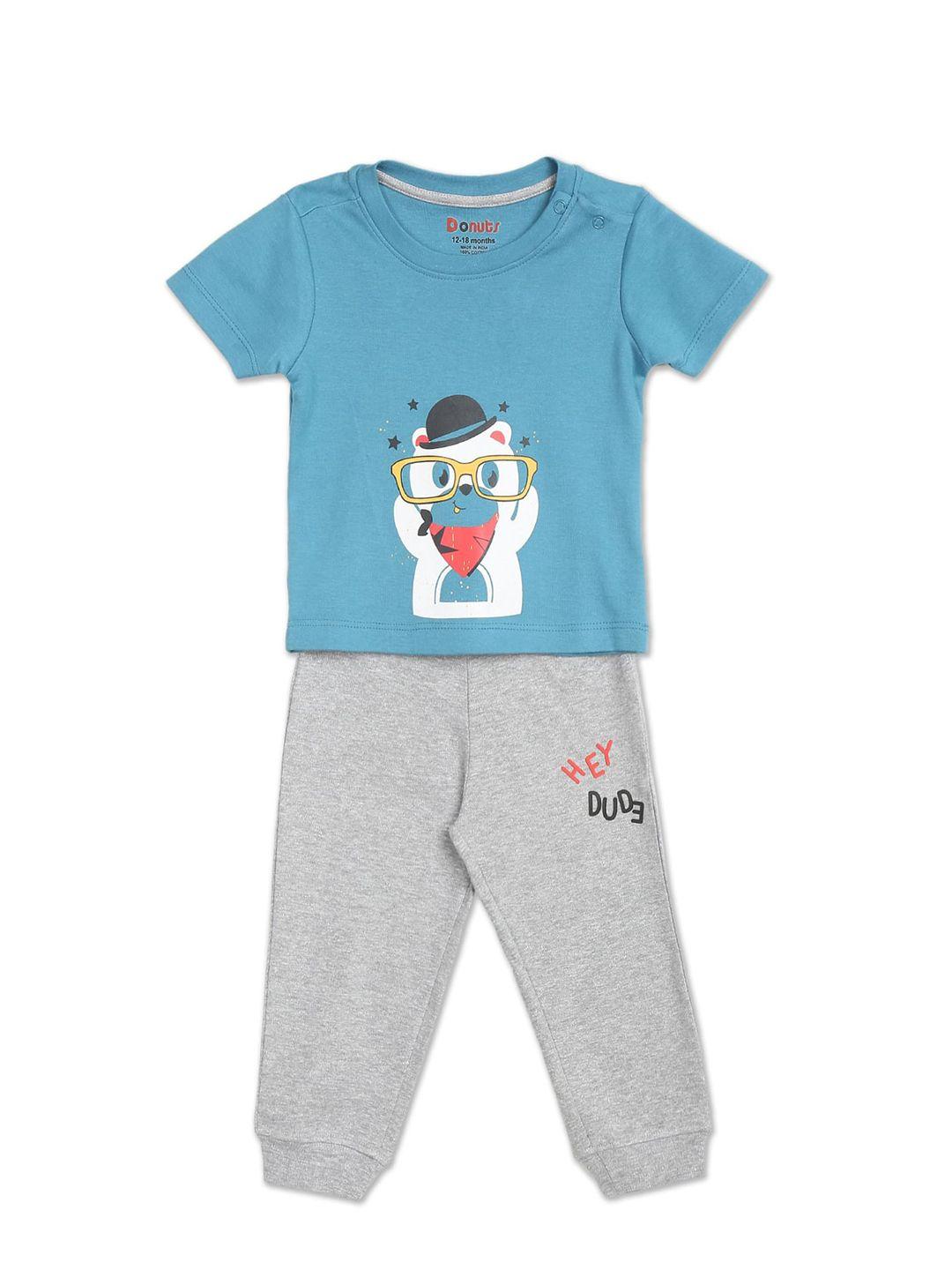 donuts boys blue & grey printed t-shirt with pyjamas