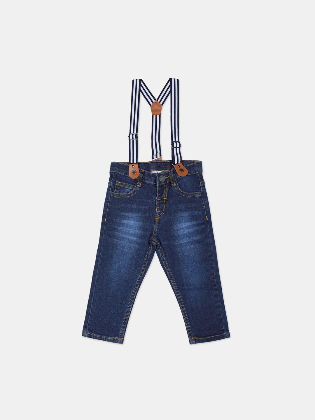 donuts boys blue regular fit mid-rise clean look cotton jeans with suspenders