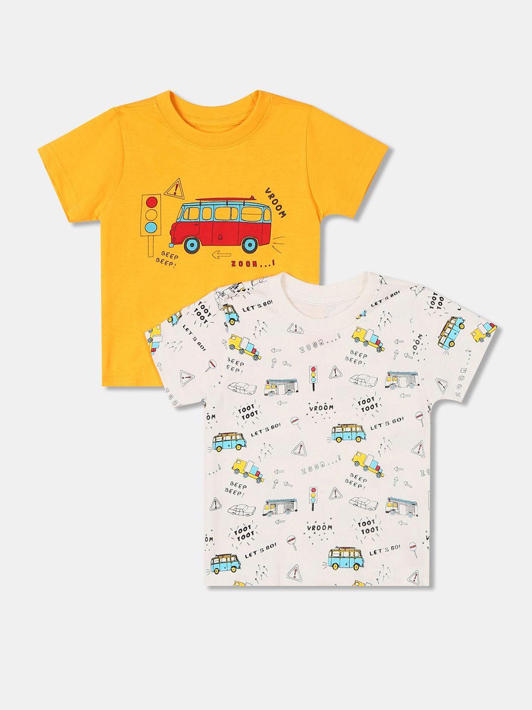 donuts boys pack of 2 mustard yellow  white printed pure cotton t-shirt