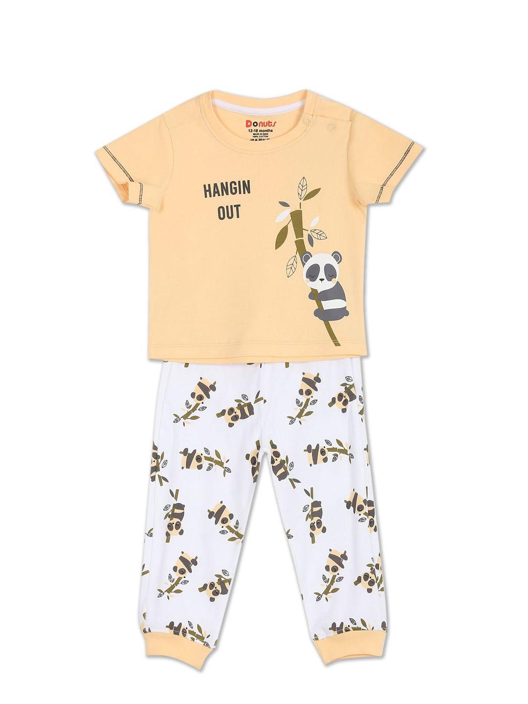 donuts boys peach-coloured & white graphic printed pure cotton t-shirt with joggers