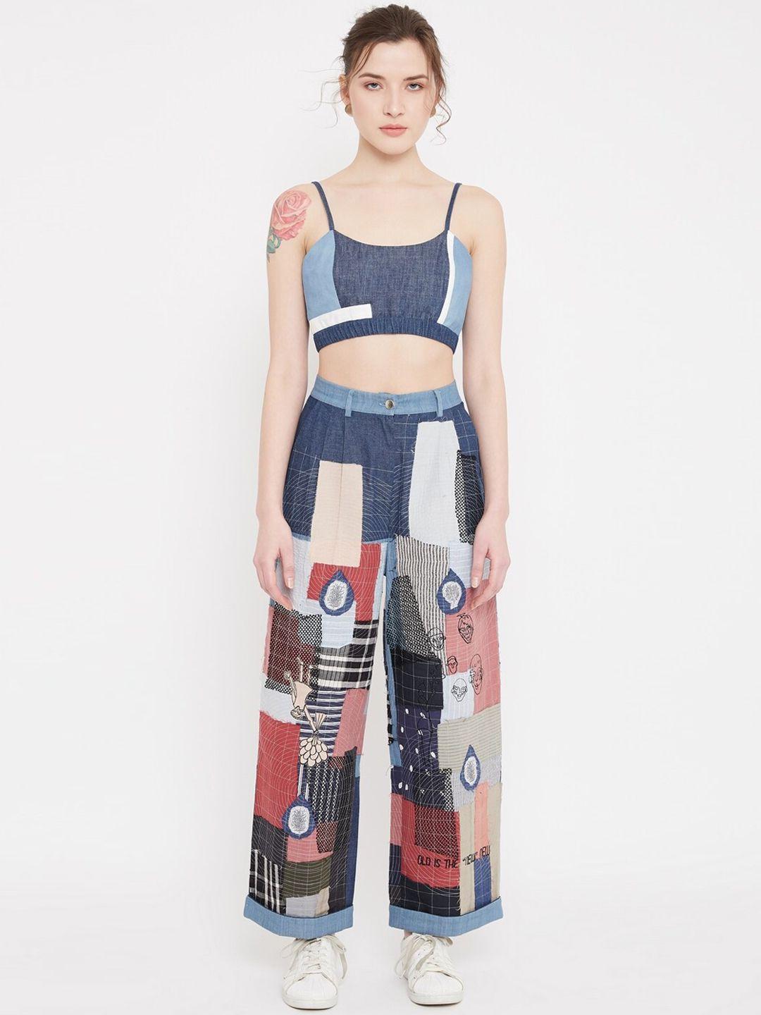 doodlage women multicoloured regular fit printed patchwork parallel trousers