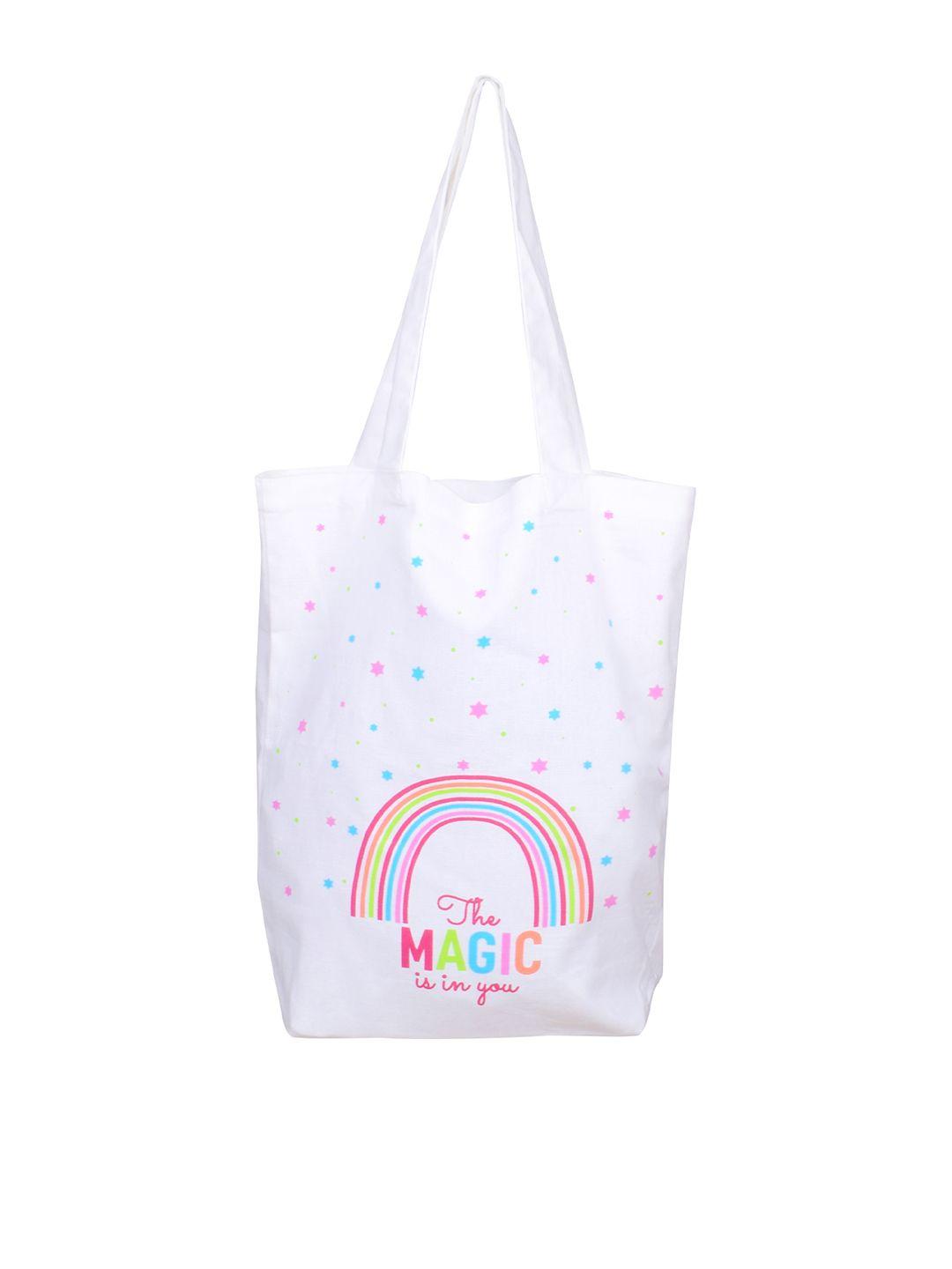 doodle white printed magical rainbow shopper tote bag