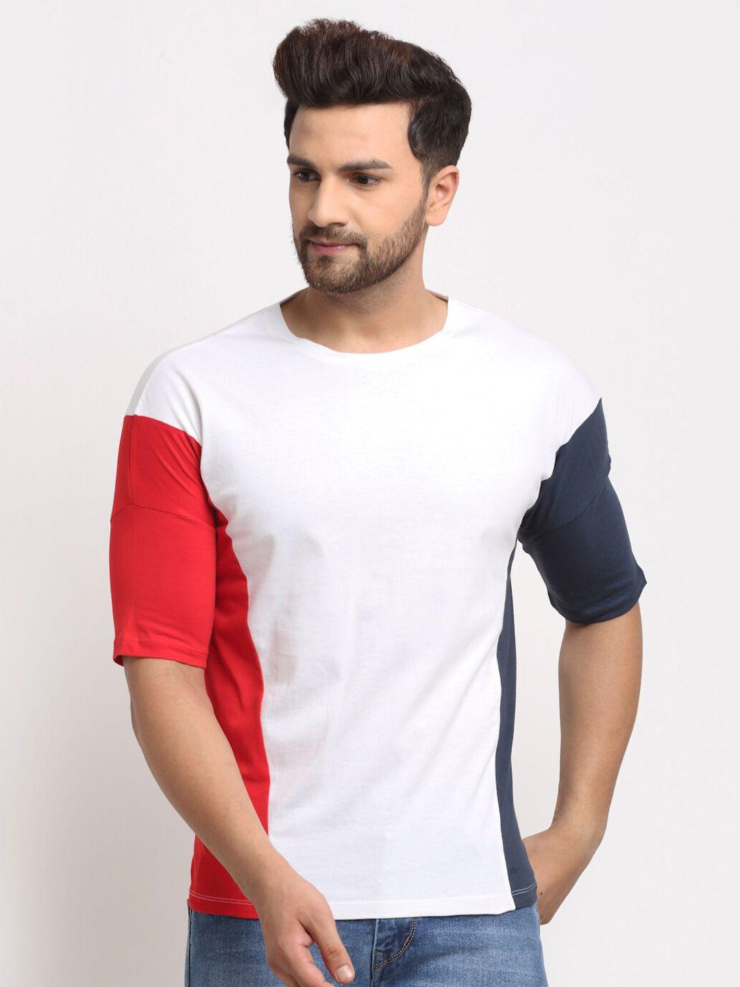 door74 men white & red colourblocked boxy cotton t-shirt