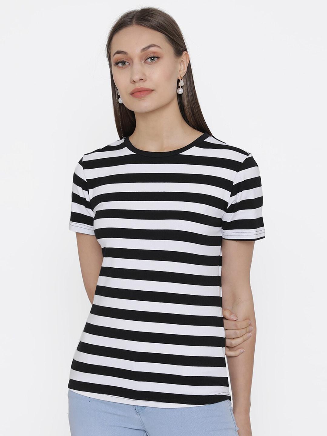 door74 women black & white striped cotton t-shirt