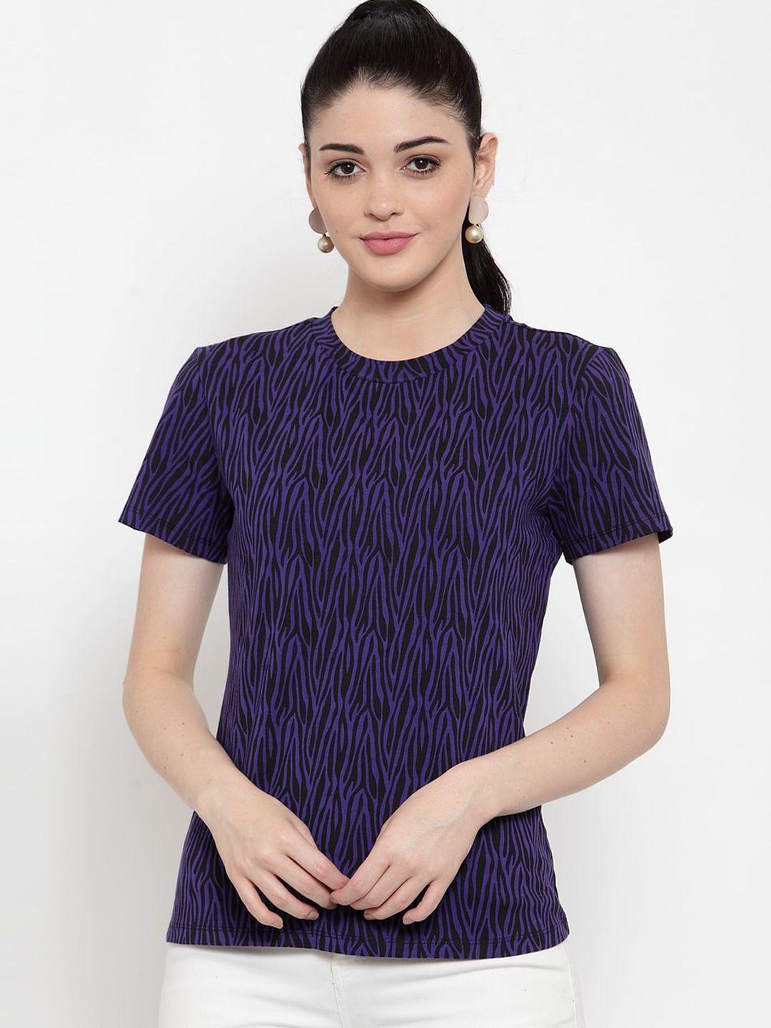door74 women violet & black printed cotton t-shirt