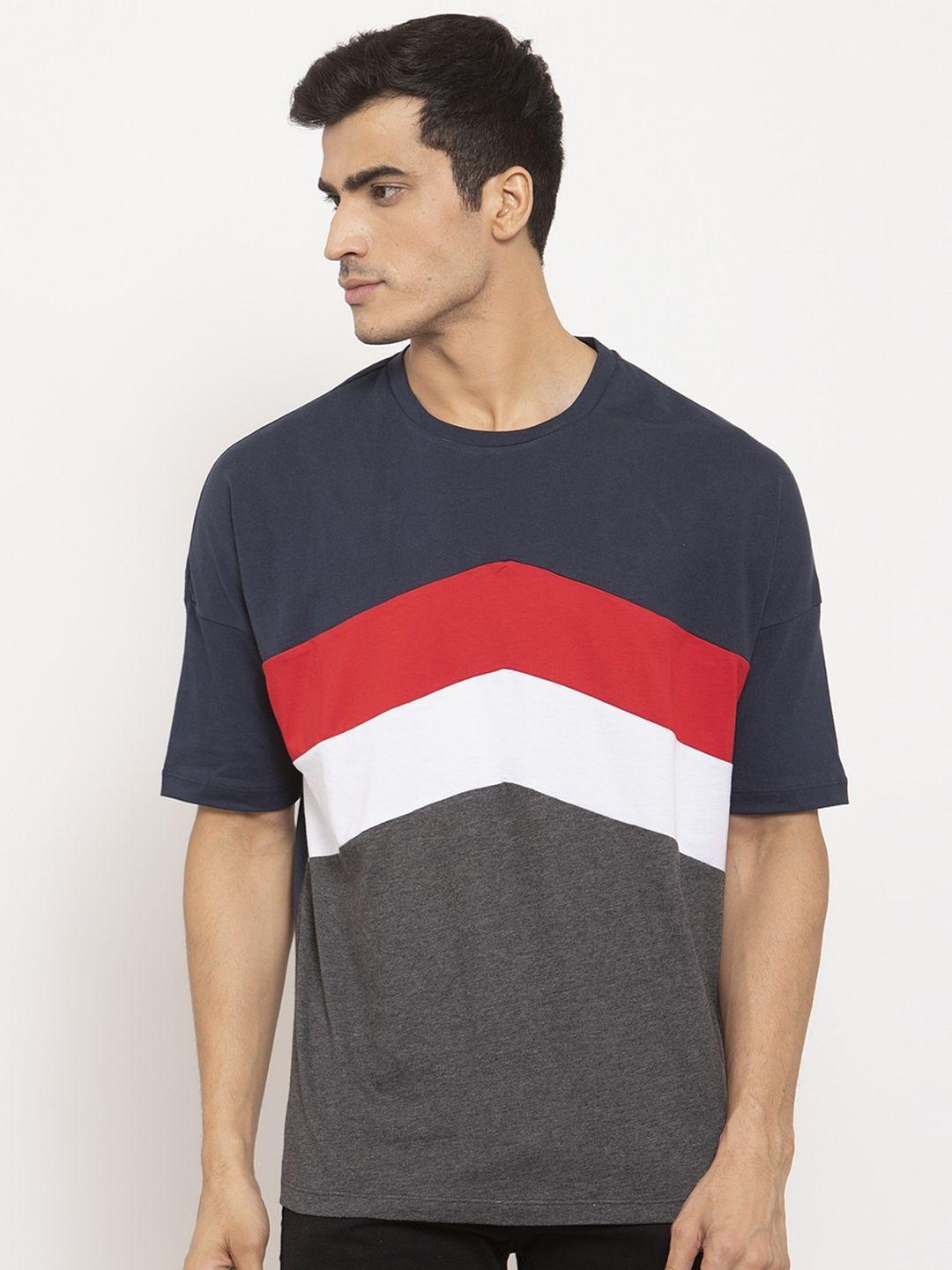 door74 men navy blue & red colourblocked cotton t-shirt