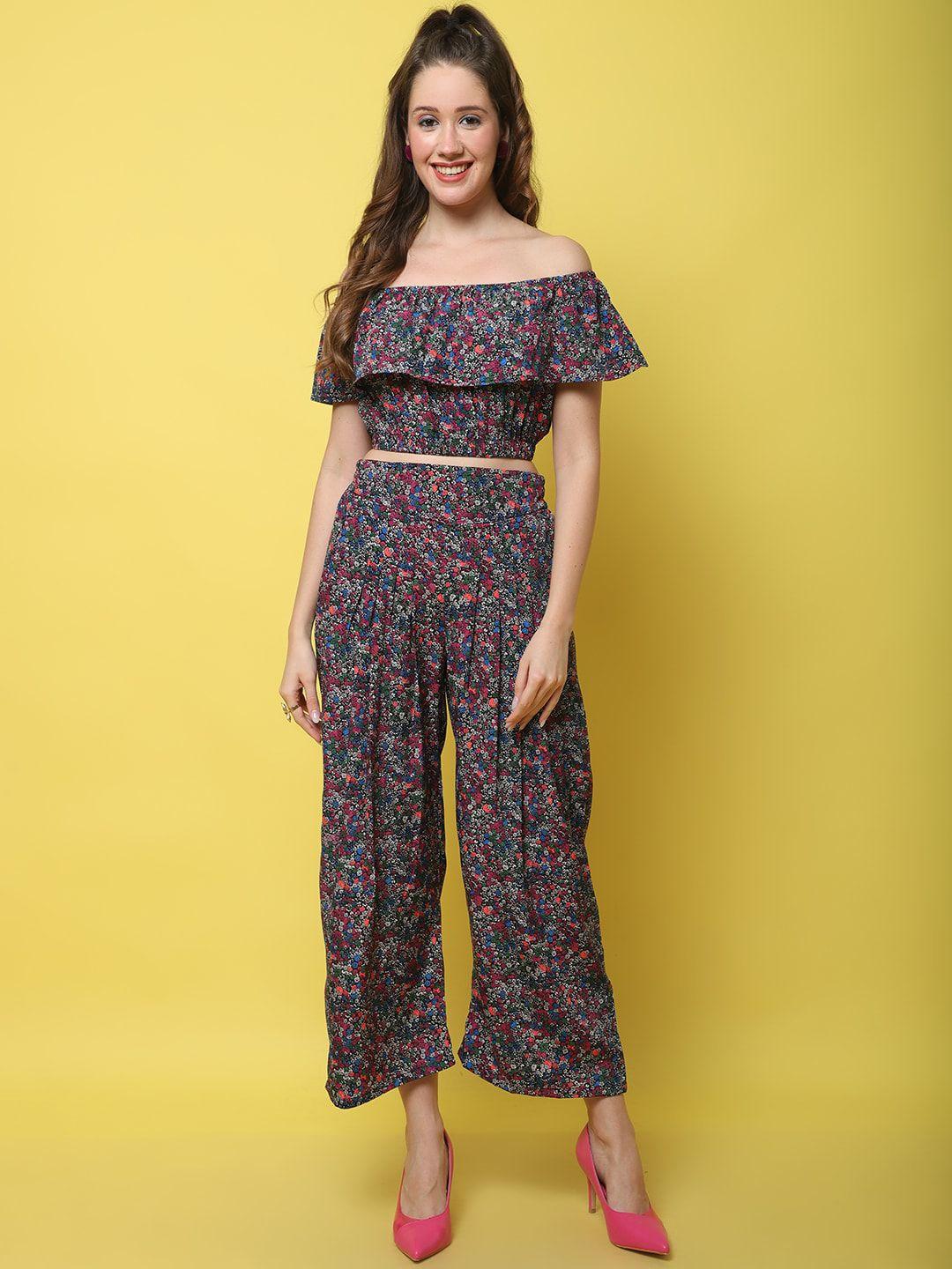 door74 printed off shoulder cropped top with palazzos co-ords