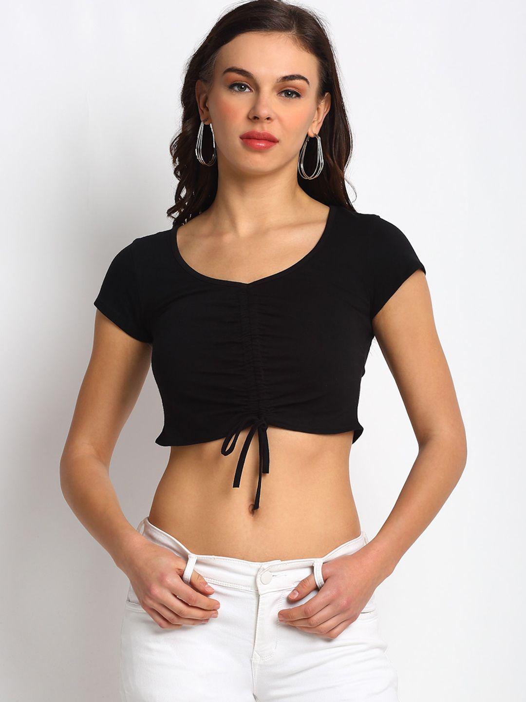 door74 women black solid front gather crop top