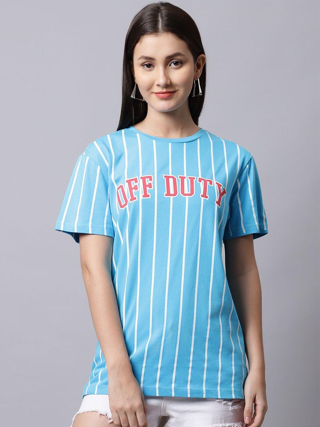 door74 women blue printed cotton t-shirt