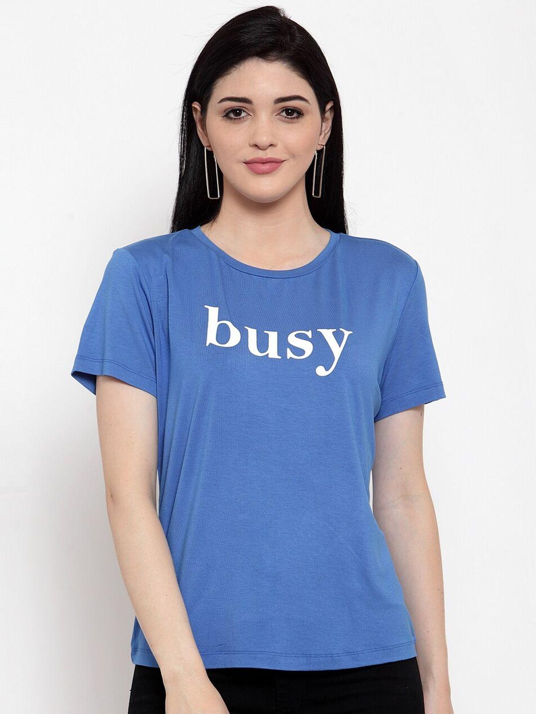 door74 women blue typography printed cotton t-shirt