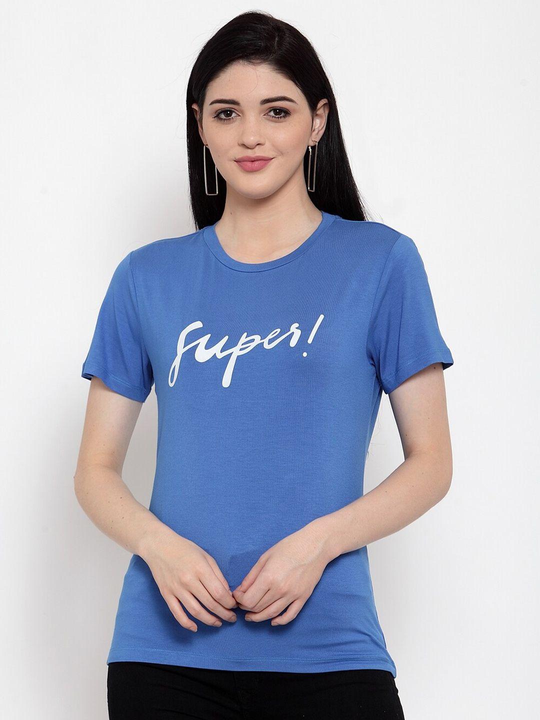 door74 women blue typography printed extended sleeves t-shirt