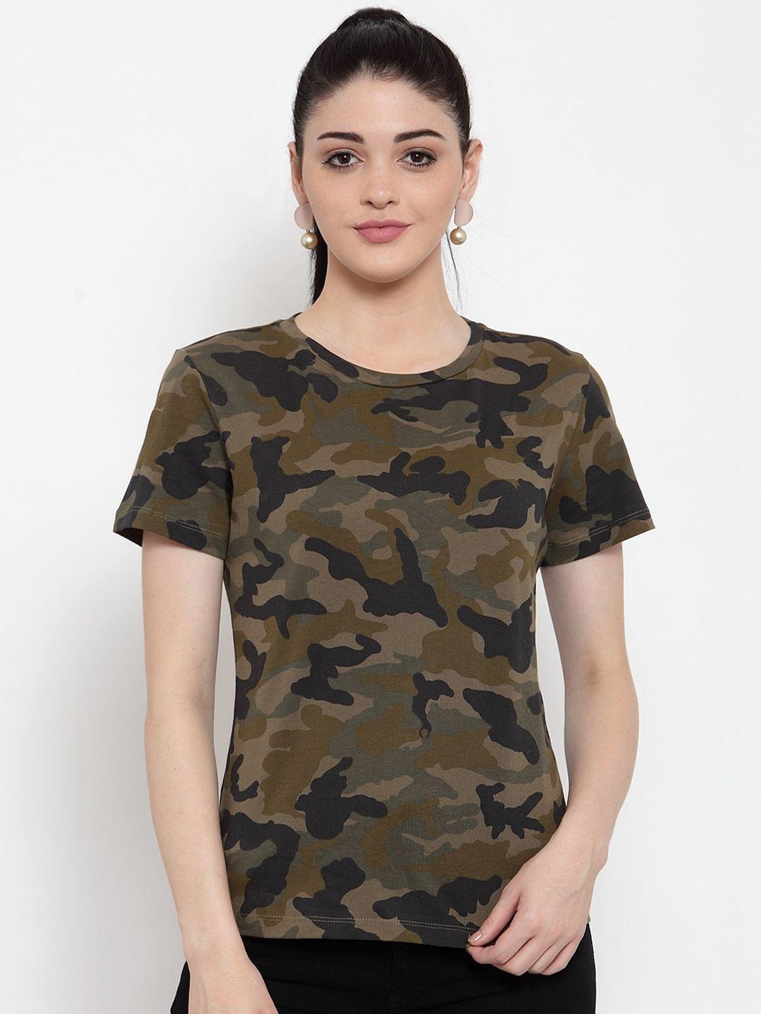 door74 women green & black camouflage printed cotton t-shirt