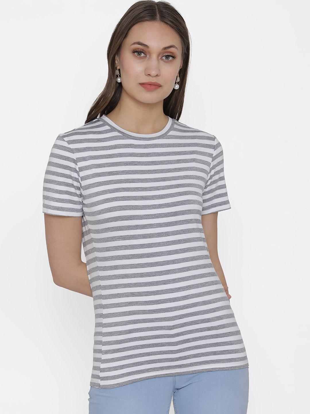 door74 women grey & white striped round neck t-shirt